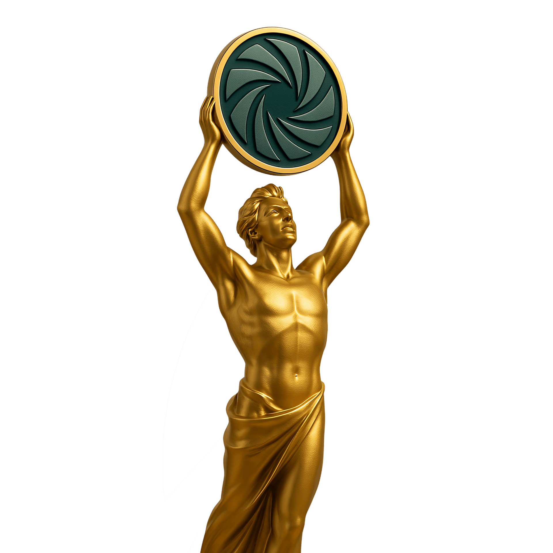 Золотая статуя держит логотип "ЮК СОЛНЦЕ"