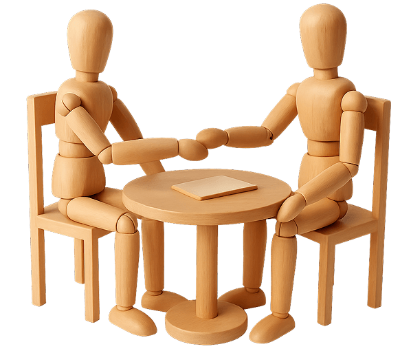 Два деревянных манекена жмут руки сидя за столом