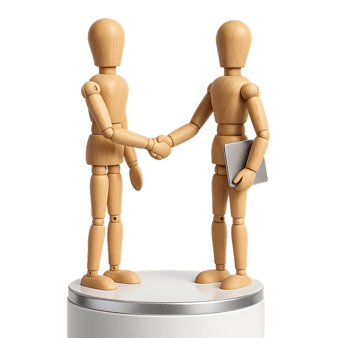 Два деревянных манекена жмут руки