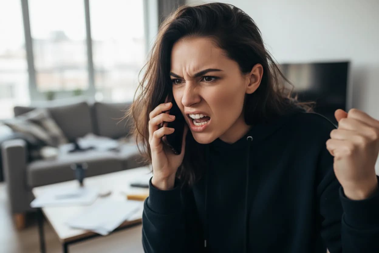 Возмцщенная девушка говорит по телефону
