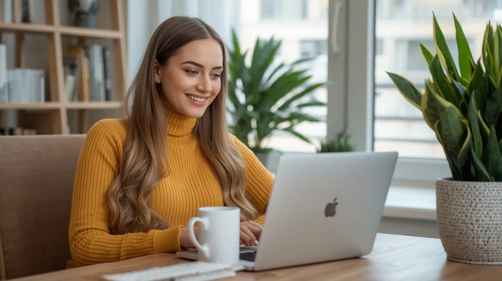 Девушка сидит за ноутбуком