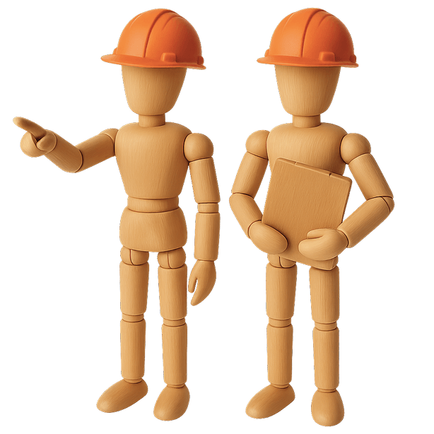 Два деревянных манекена в строительных касках общаются